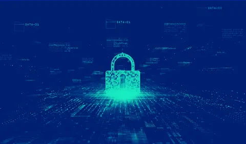 Digital padlock glowing on a futuristic data network background.